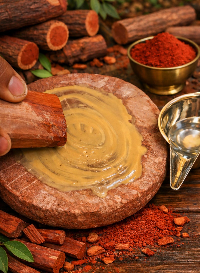 عود خشب الصندل الأحمر مع حجر الطحن | راكتا شاندان لقناع الوجه | عناية عشبية تقليدية للبثور وعلامات حب الشباب - Image 3